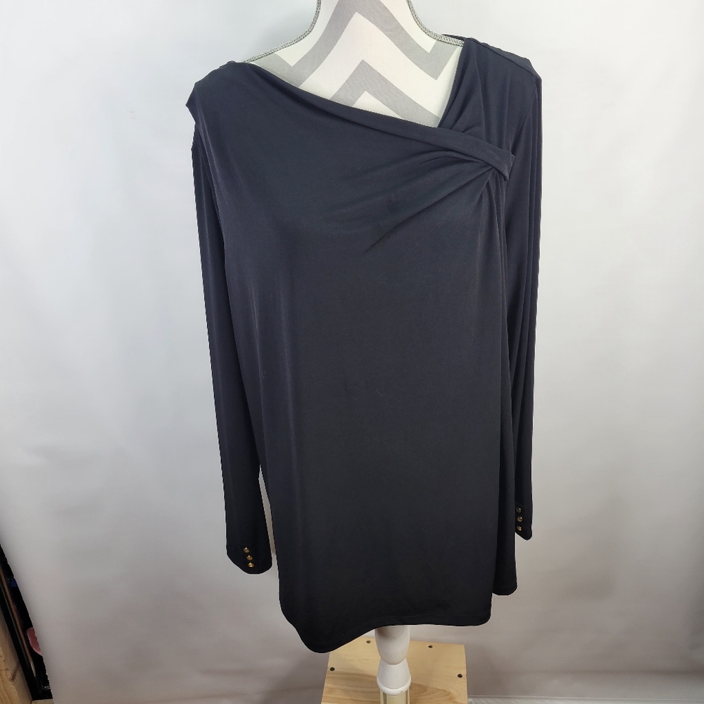 Liz Claiborne Black Asymmetrical Neckline Long Sleeve Top Size 2X Gold Buttons